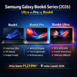 Samsung Galaxy Book6 Ultra vs Book6 Pro vs Book6 comparison image showing specs, features, and price in India 2026 including RTX 5070 GPU, AMOLED display, and Intel Core Ultra laptops
