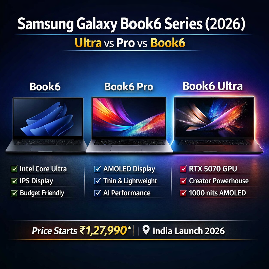 Samsung Galaxy Book6 Ultra vs Book6 Pro vs Book6 comparison image showing specs, features, and price in India 2026 including RTX 5070 GPU, AMOLED display, and Intel Core Ultra laptops